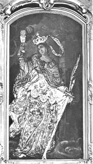 Obraz postaci Świętej Barbary w ołtarzu, którym się opiekują członkowie cechu rzeźników w kościele pw. Świętego Ducha.